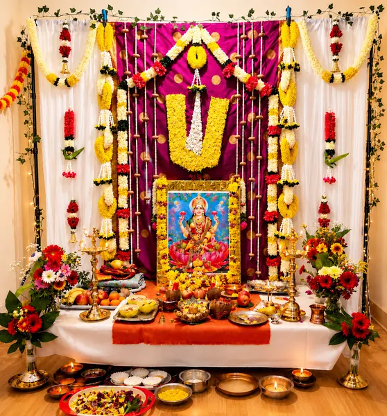 Diwali Lakshmi Pooja décor with floral garlands, lamps and festive offerings