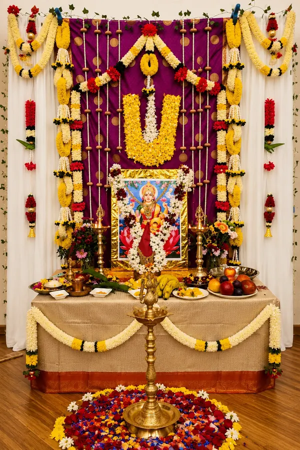 Full Lakshmi Pooja floral setup with purple backdrop, brass lamps, garlands and festive table arrangement